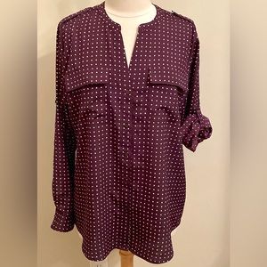 Calvin Klein Purple White Polka Dot L Polished Chic Modern Business Casual Top